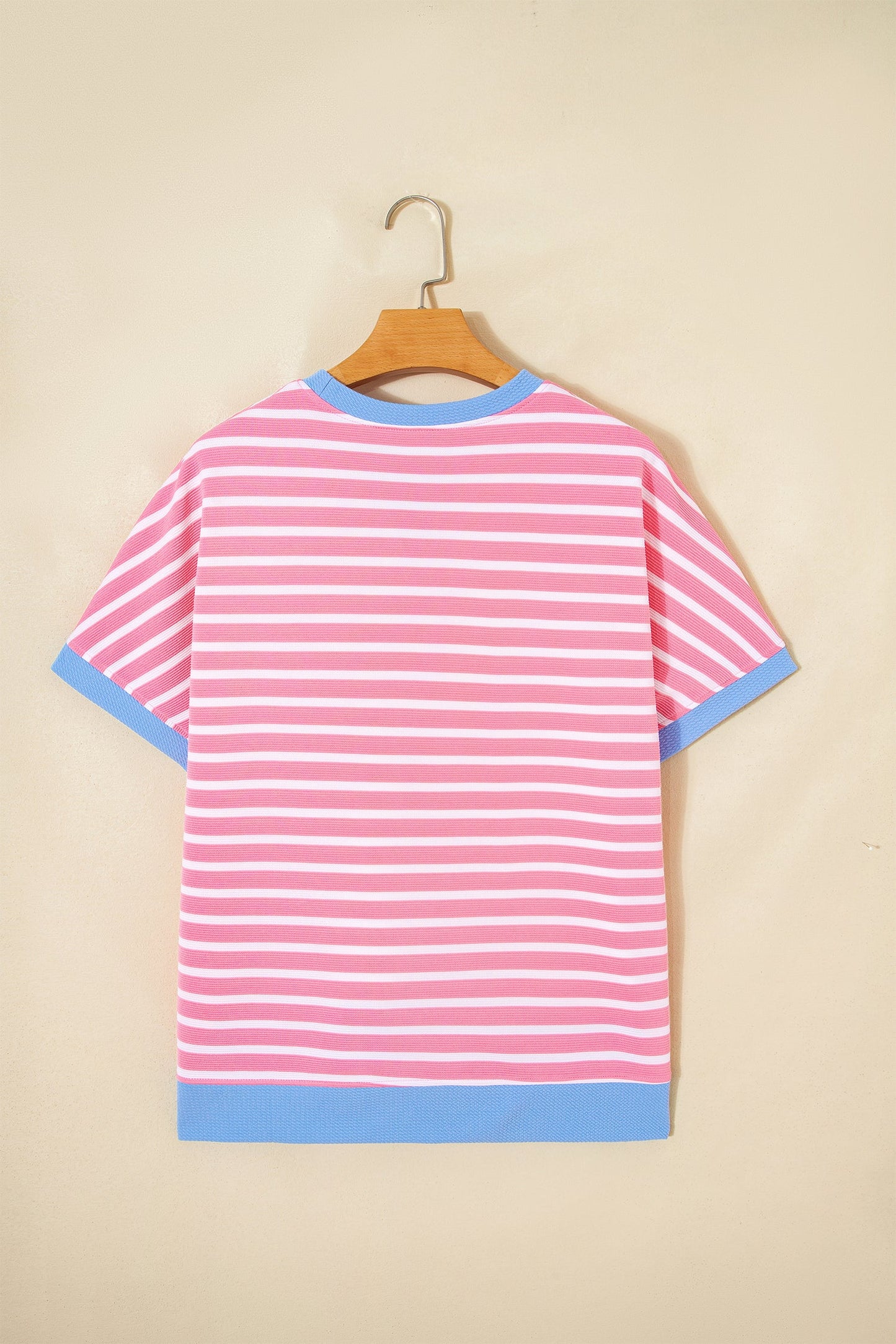 Pink Stripe Contrast Trim Loose Short Sleeve Top
