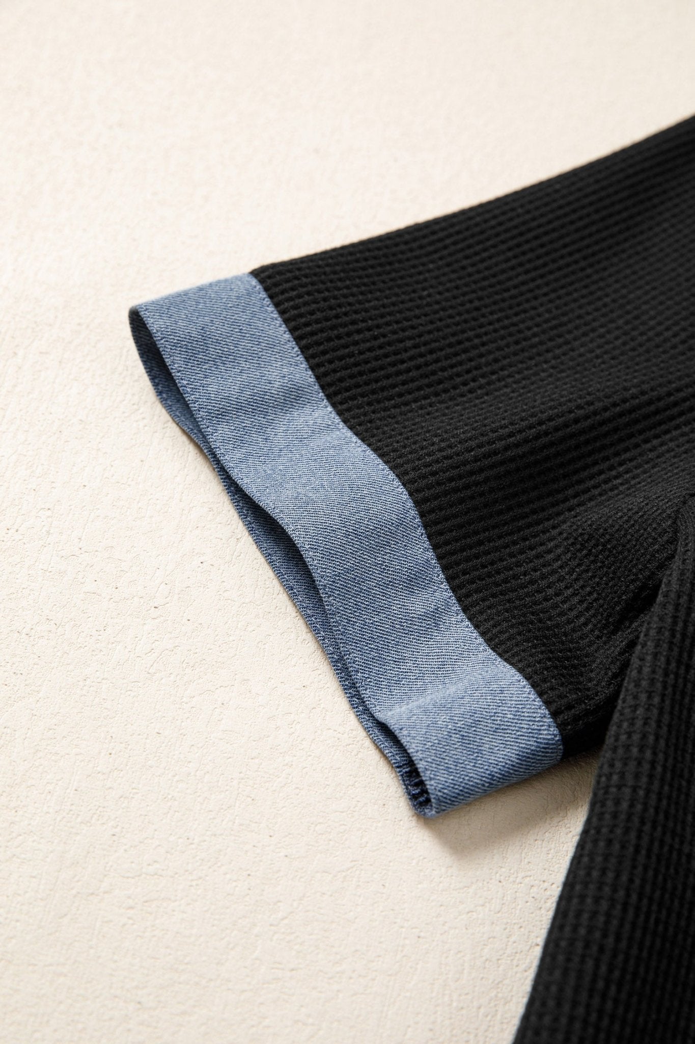 Black Waffle Knit Denim Color Block Patchwork Button Flap Polo Top - Loving It Shop
