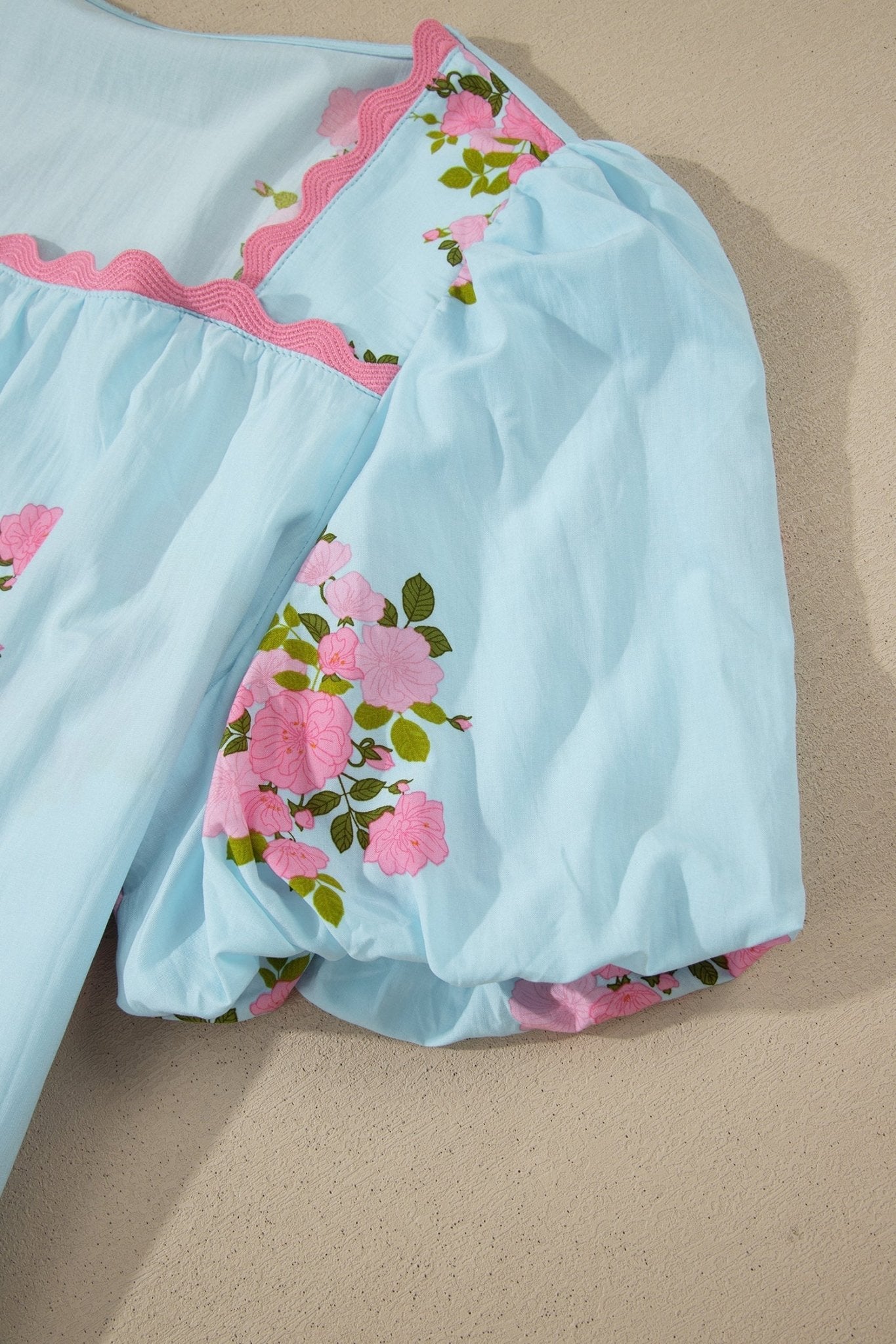 Sky Blue Floral Printed Contrast Ricrac Detail Bubble Sleeve Blouse - Loving It Shop