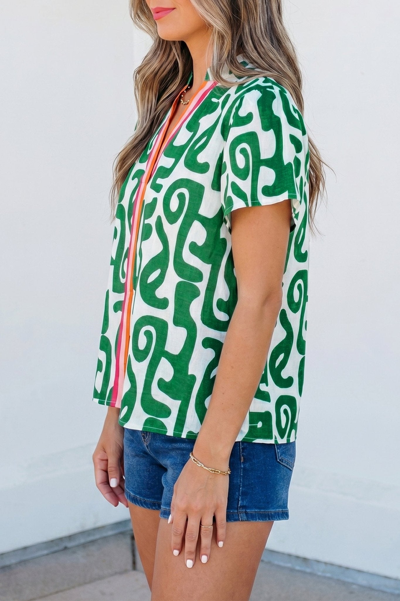 Green Abstract Print Striped Trim V Neck Short Sleeve Blouse - Loving It Shop
