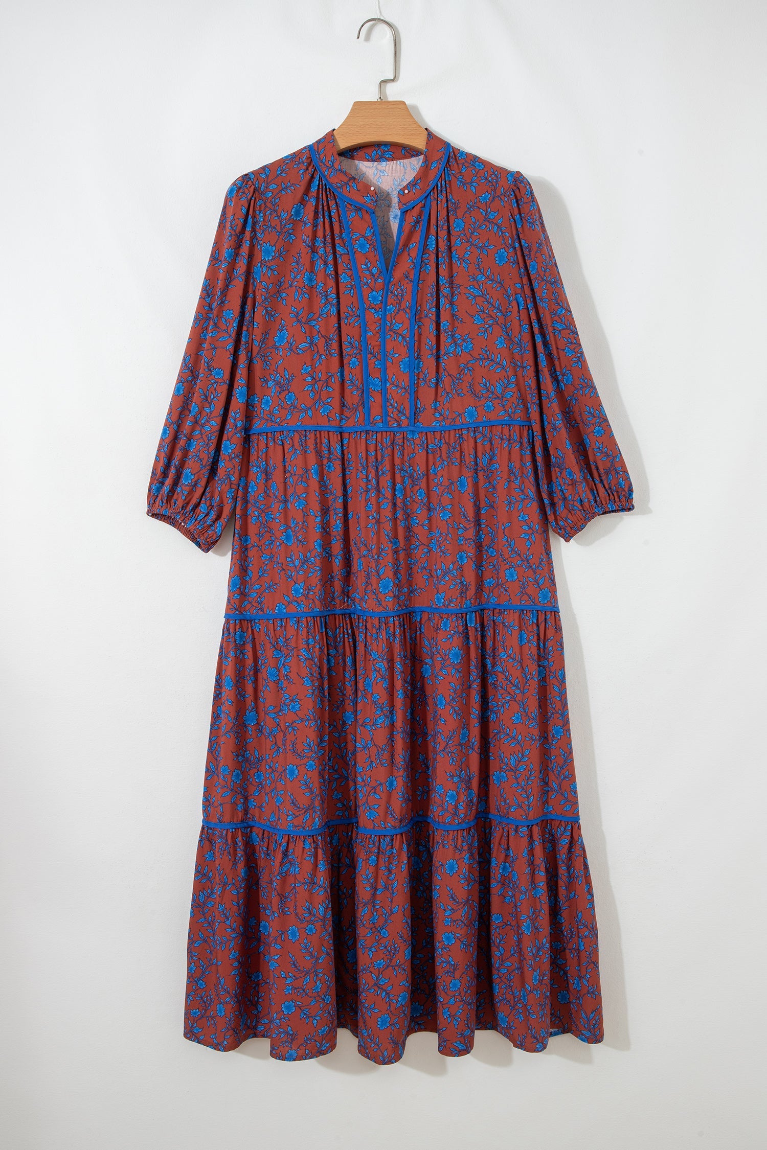 Brown 3/4 Puff Sleeve Tiered Loose Floral Dress