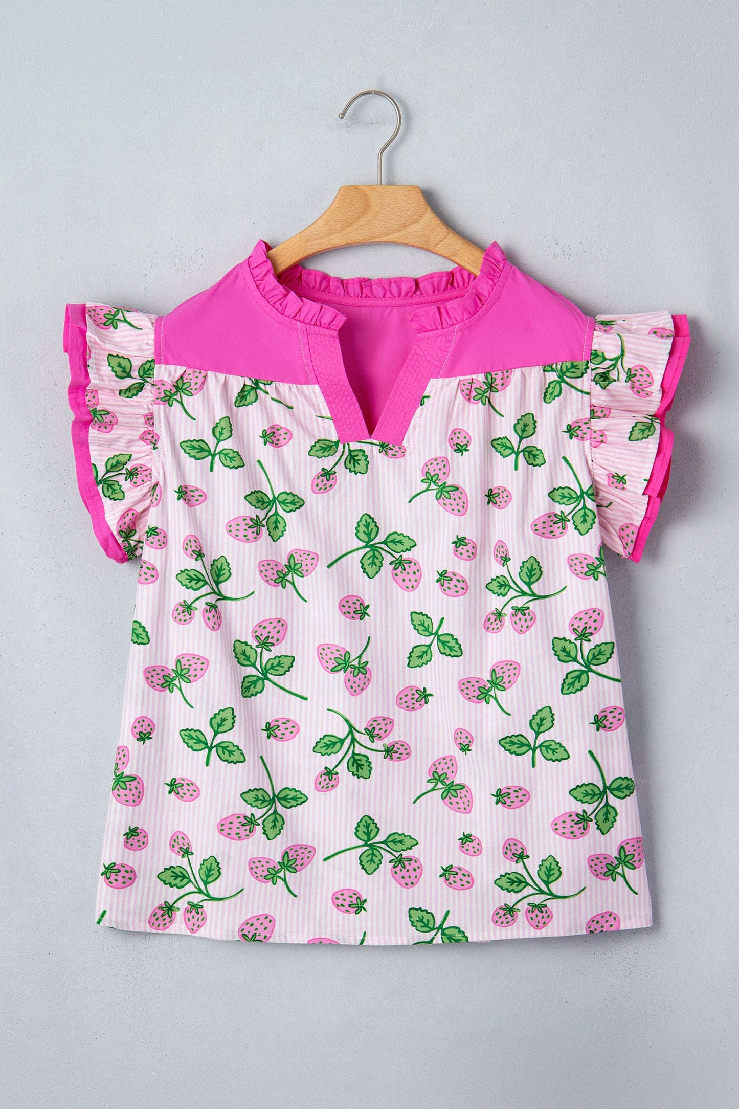Pink Striped Strawberry Printed Color Block Patchwork V Neck Flutter Sleeve Blouse