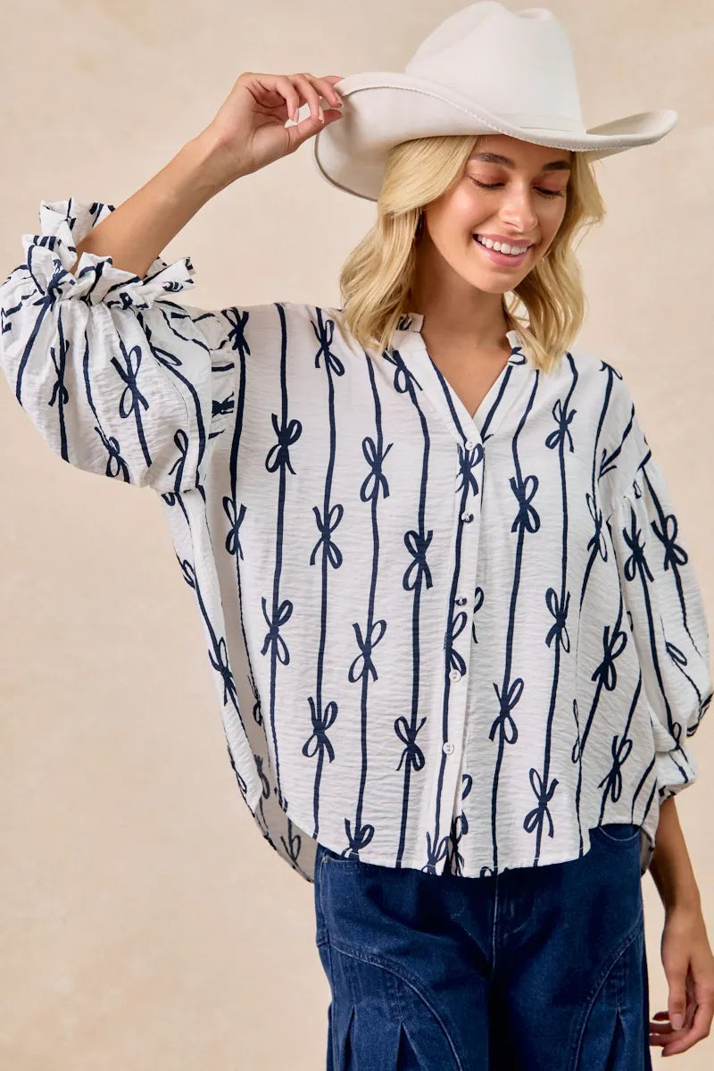Bow Ribbon Printed Woven Bubble Sleeves Top