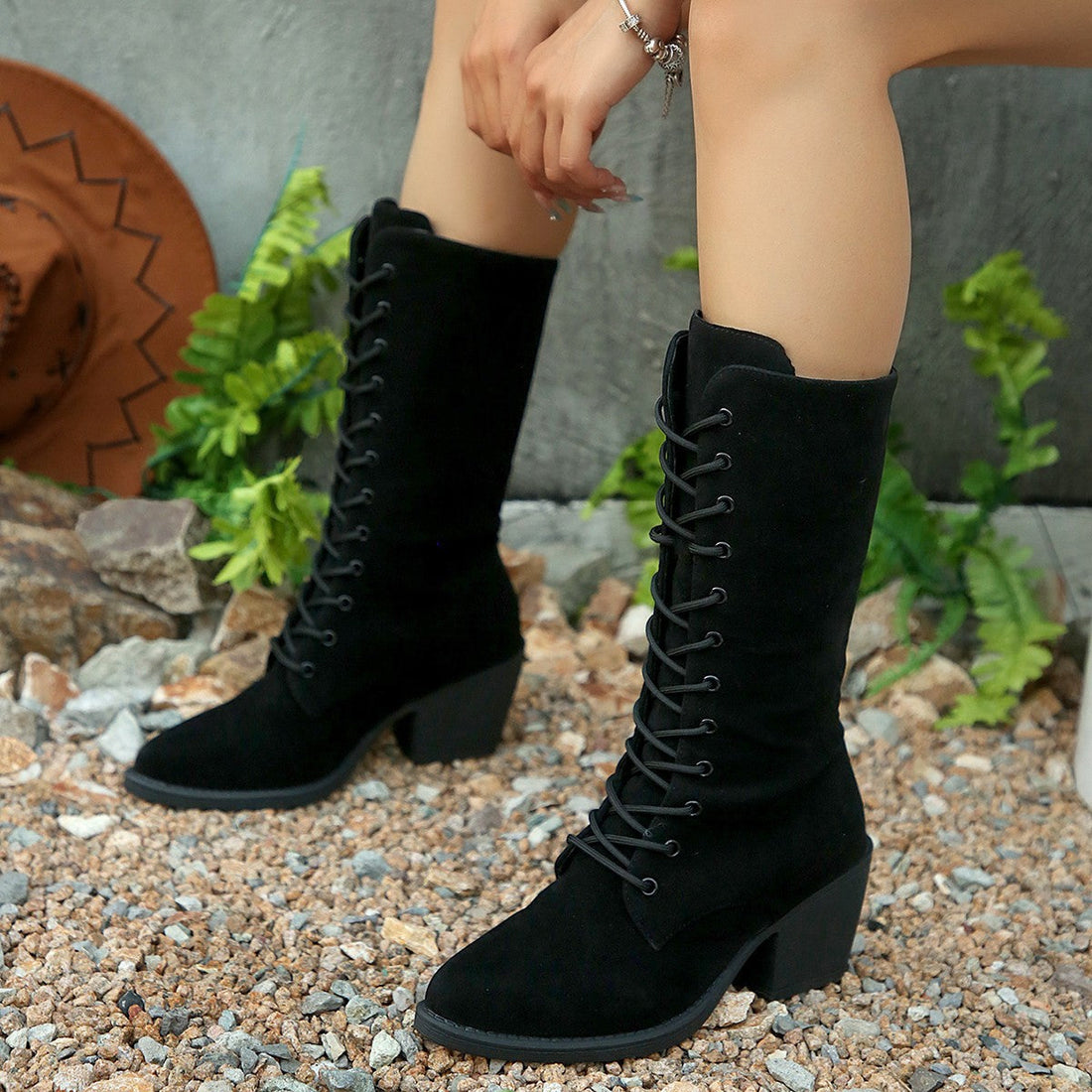 Mid-calf Fashion Suede Lace-up Pointed Chunky Heel Women&