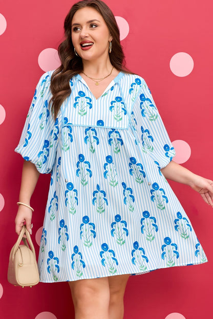 Sky Blue Floral Striped Bubble Short Sleeve Plus Size Dress - Loving It Shop