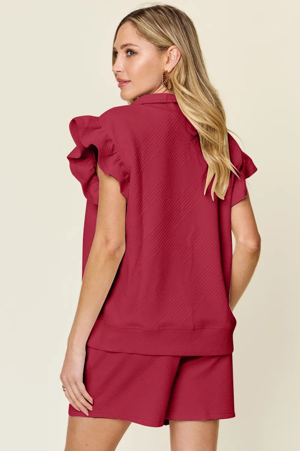 I am a Fashion Junky Full Size Texture Flounce Sleeve Top and Drawstring Shorts Set