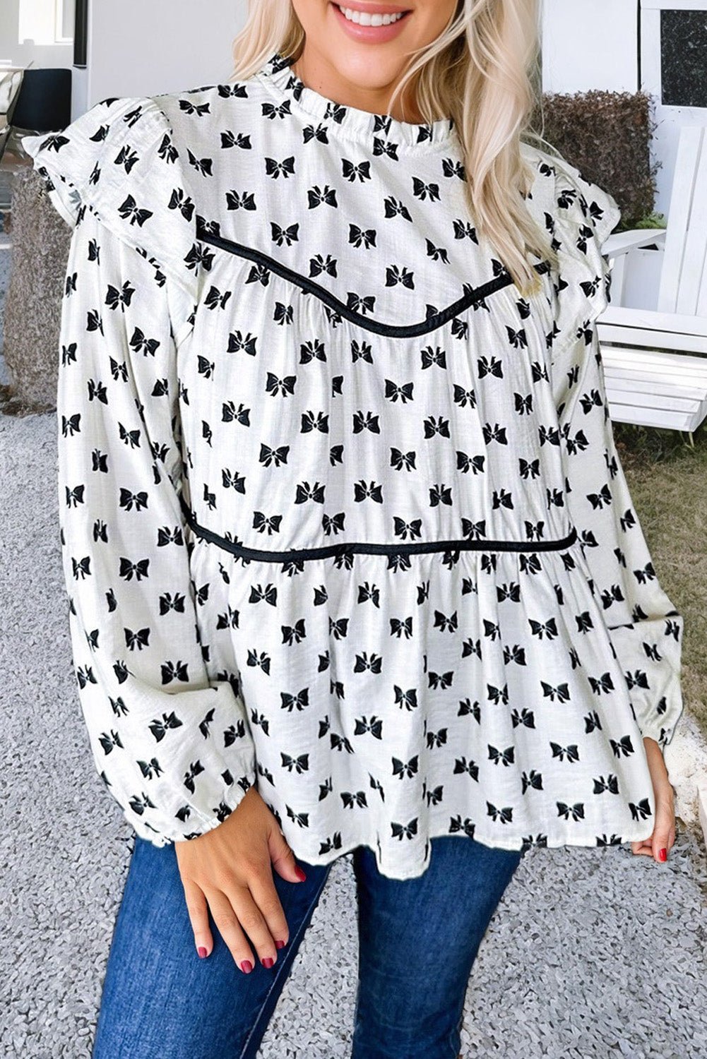 White Bow Knot Print Piping Trim Ruffled Crew Neck Blouse - Loving It Shop