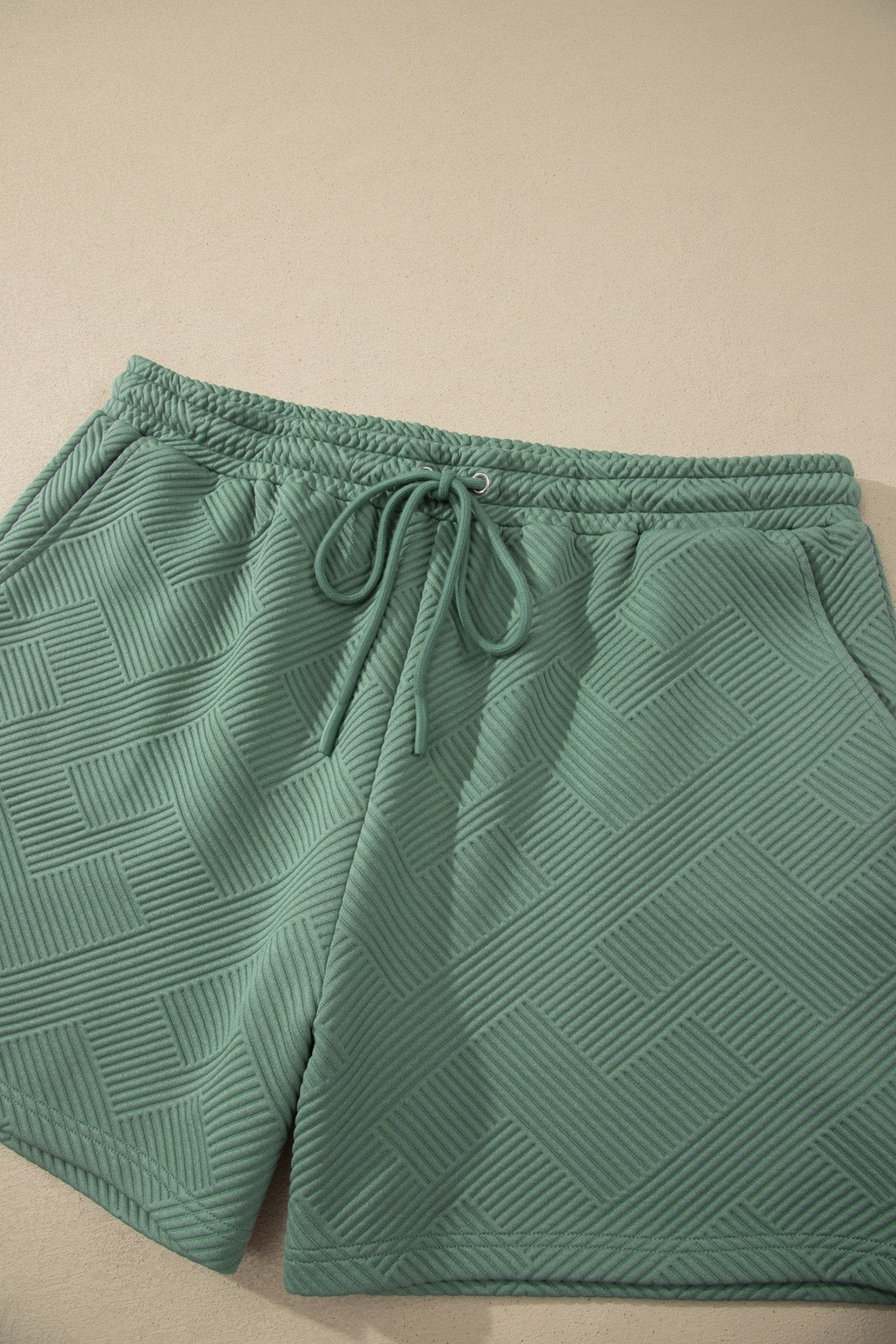 Mineral Blue Plus Size Textured Short Sleeve Top Drawstring Shorts Set - Loving It Shop