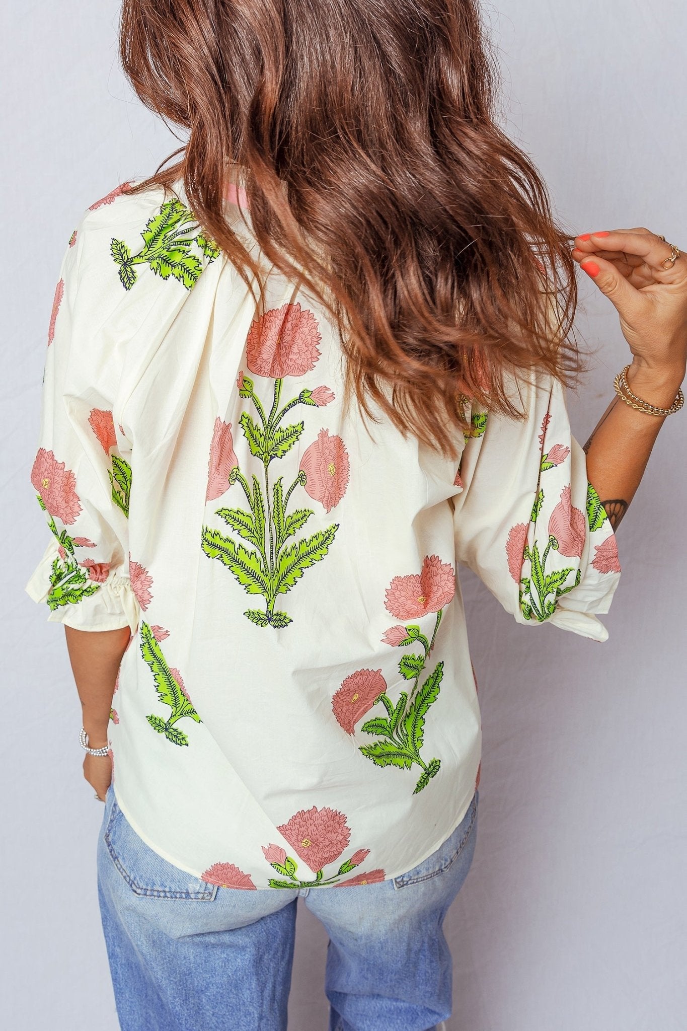 Casual Wild Flower Print V Neck 3/4 Sleeve Blouse - Loving It Shop