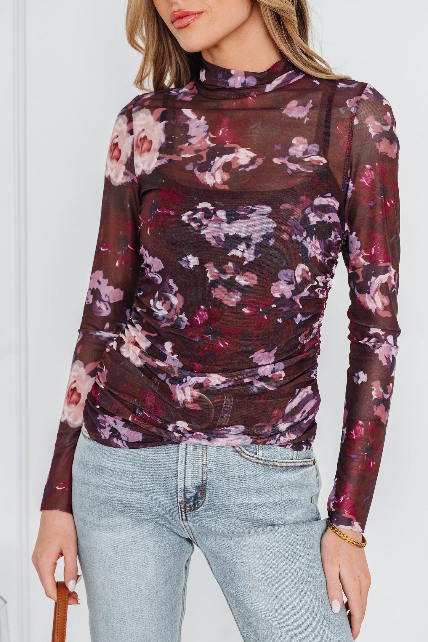 Brown High Neck Ruched Floral Mesh Top