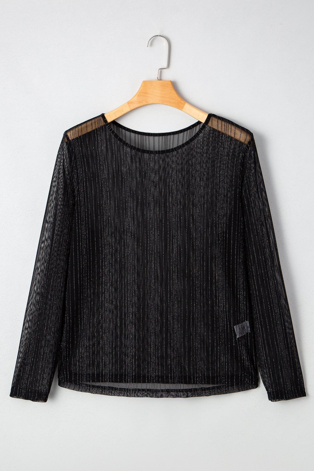 Black Plus Size Shimmer Textured Mesh Fitted Long Sleeve Top - Loving It Shop