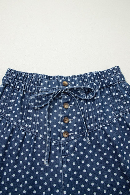 Sky Blue Polka Dot Print Button Pleated Detail Wide Leg Jeans - Loving It Shop