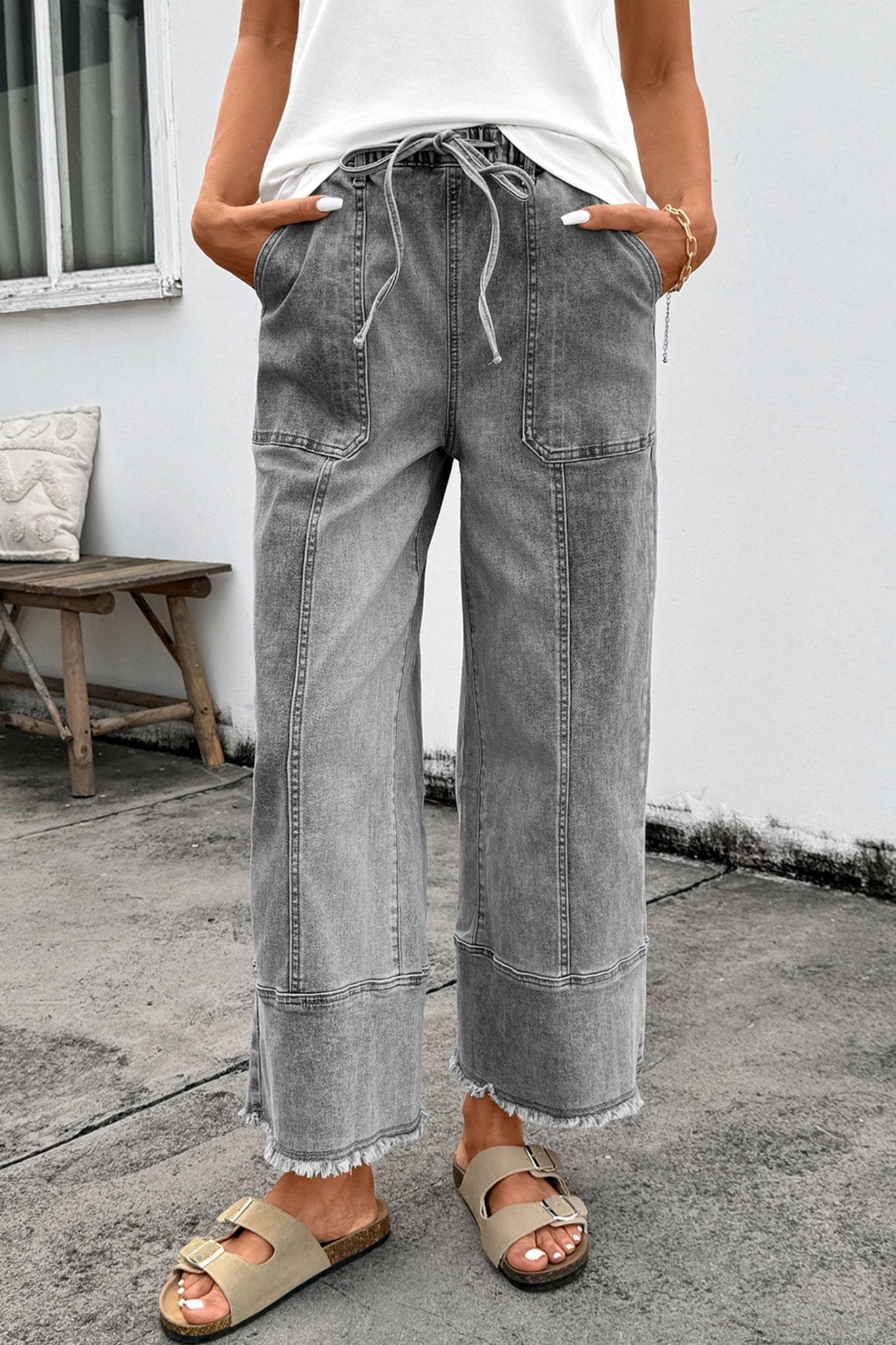 Gray Drawstring Seam Detail Raw Hem Wide Leg Denim Pants - Loving It Shop