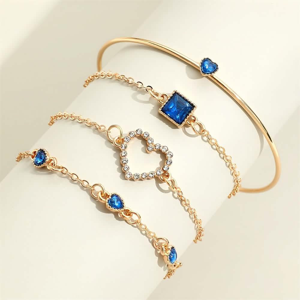 4pcs Rhinestone Alloy Bracelet Set – Minimalist Heart &amp; Square Design