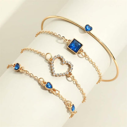 4pcs Rhinestone Alloy Bracelet Set – Minimalist Heart &amp; Square Design