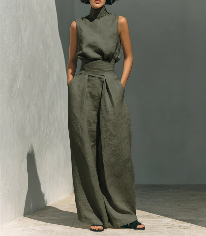 Casual Sleeveless Suit Summer Stand-up Collar Pullover Top And Loose Straight-leg Trousers Women&