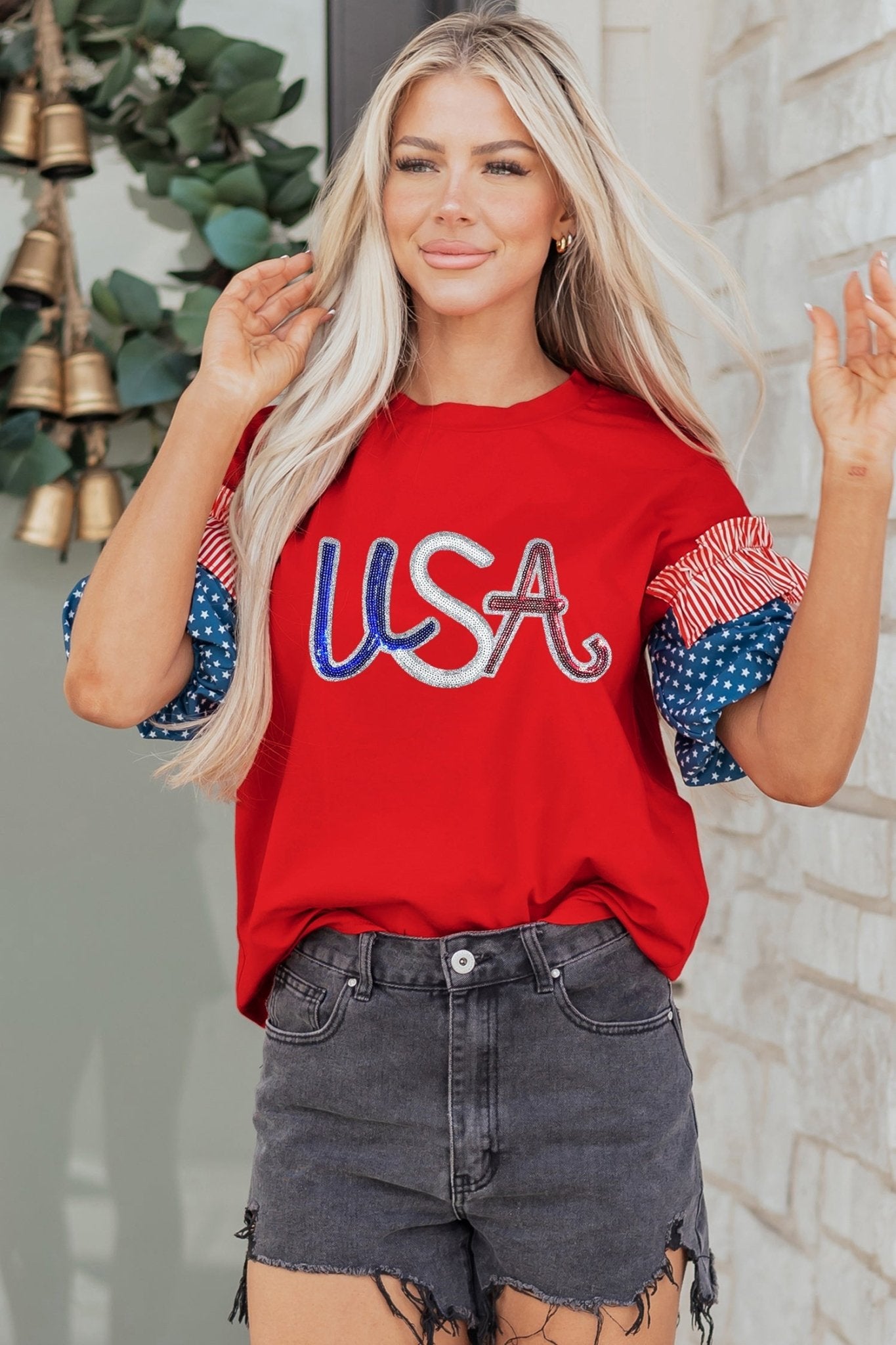 Fiery Red Sequin USA Lettering Patriotic Contrast Splicing Sleeve Top - Loving It Shop