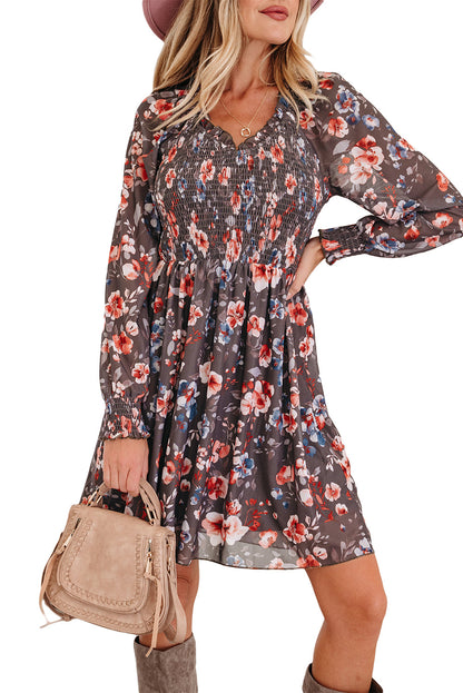 Brown Frilly Smocked Bodice Floral Mesh Long Sleeve Mini Dress