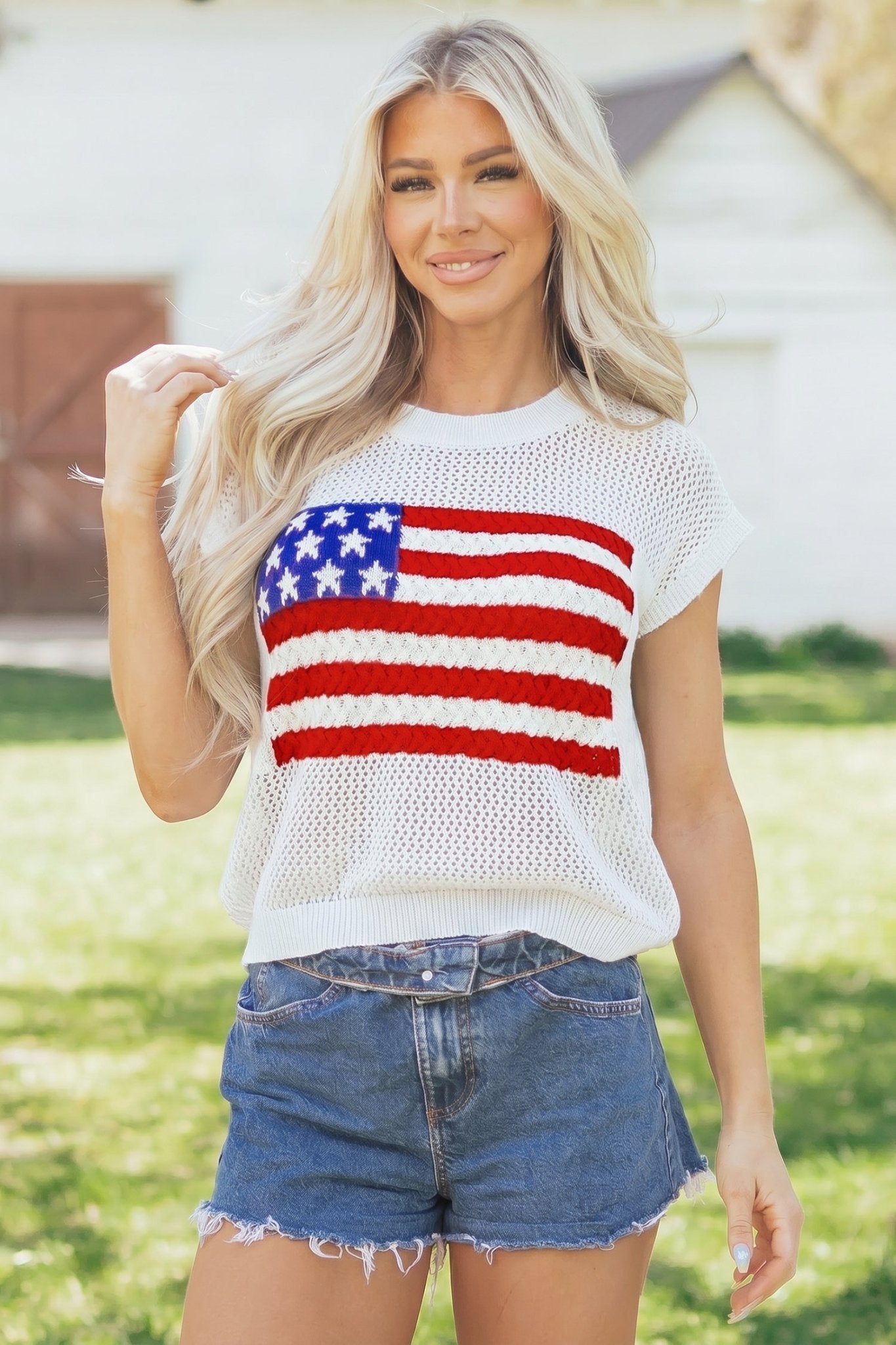 White Flag Graphic Short Sleeve Sweater Top - Loving It Shop