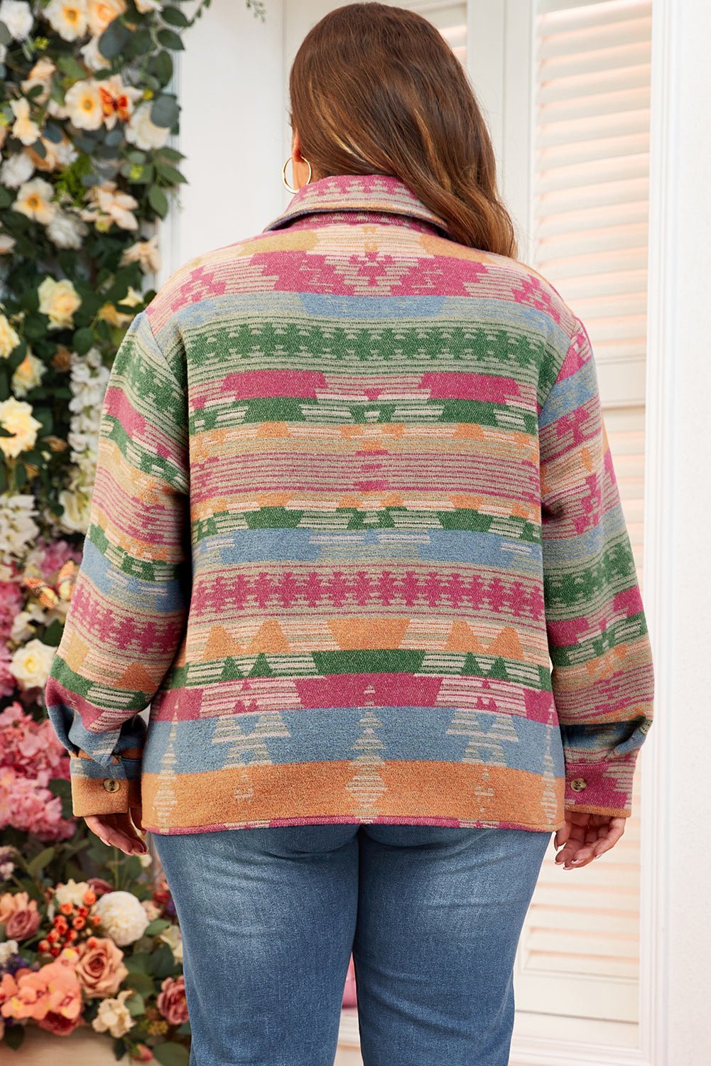 Pink Plus Size Aztec Printed Flap Pocket Shacket - Loving It Shop