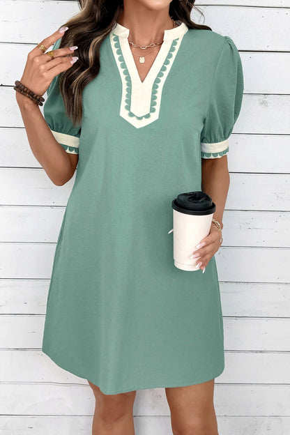 Canton Scallop Color Block Trim Puff Sleeve Mini Dress - Loving It Shop