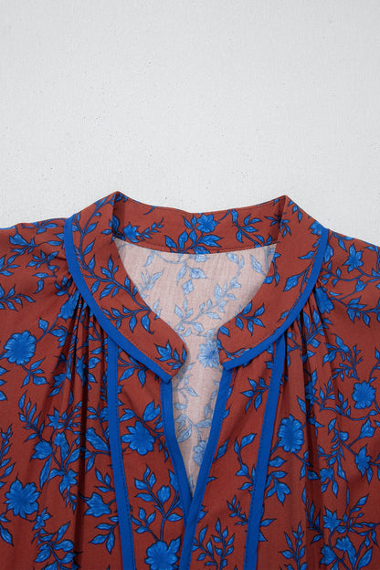 Brown 3/4 Puff Sleeve Tiered Loose Floral Dress