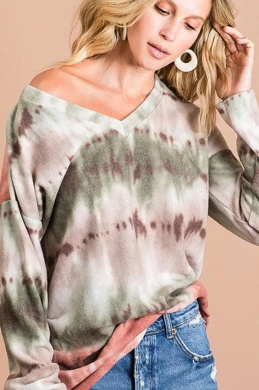 Brushed Tie Dye Looking Print V Neck Top