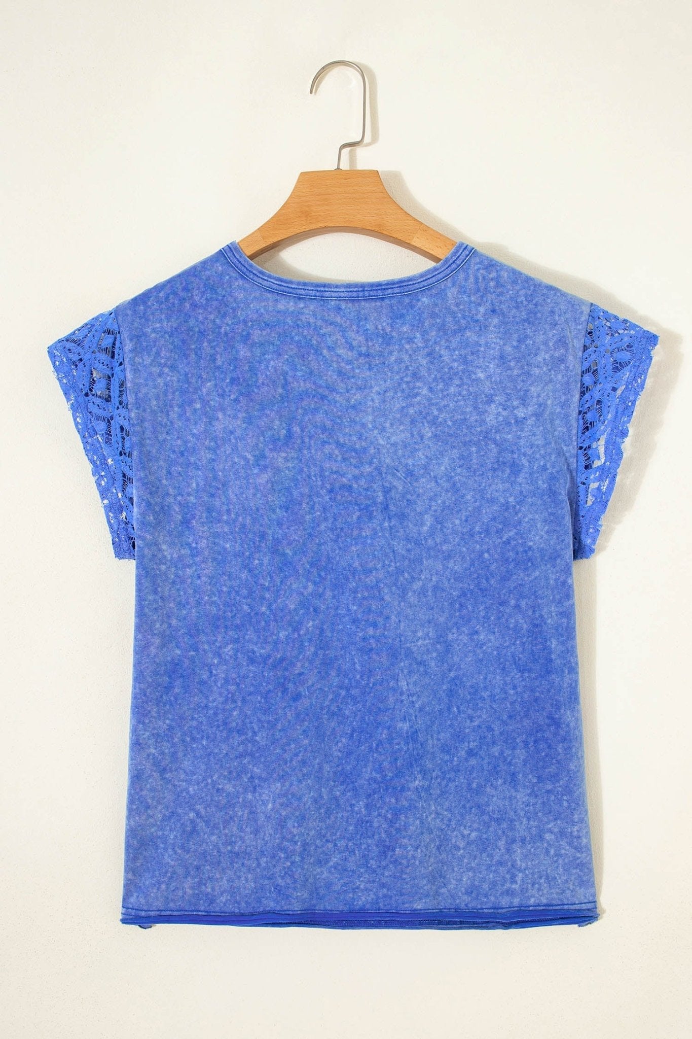 Sky Blue Mineral Wash Raw Seam Lace Sleeve Cotton Tee - Loving It Shop