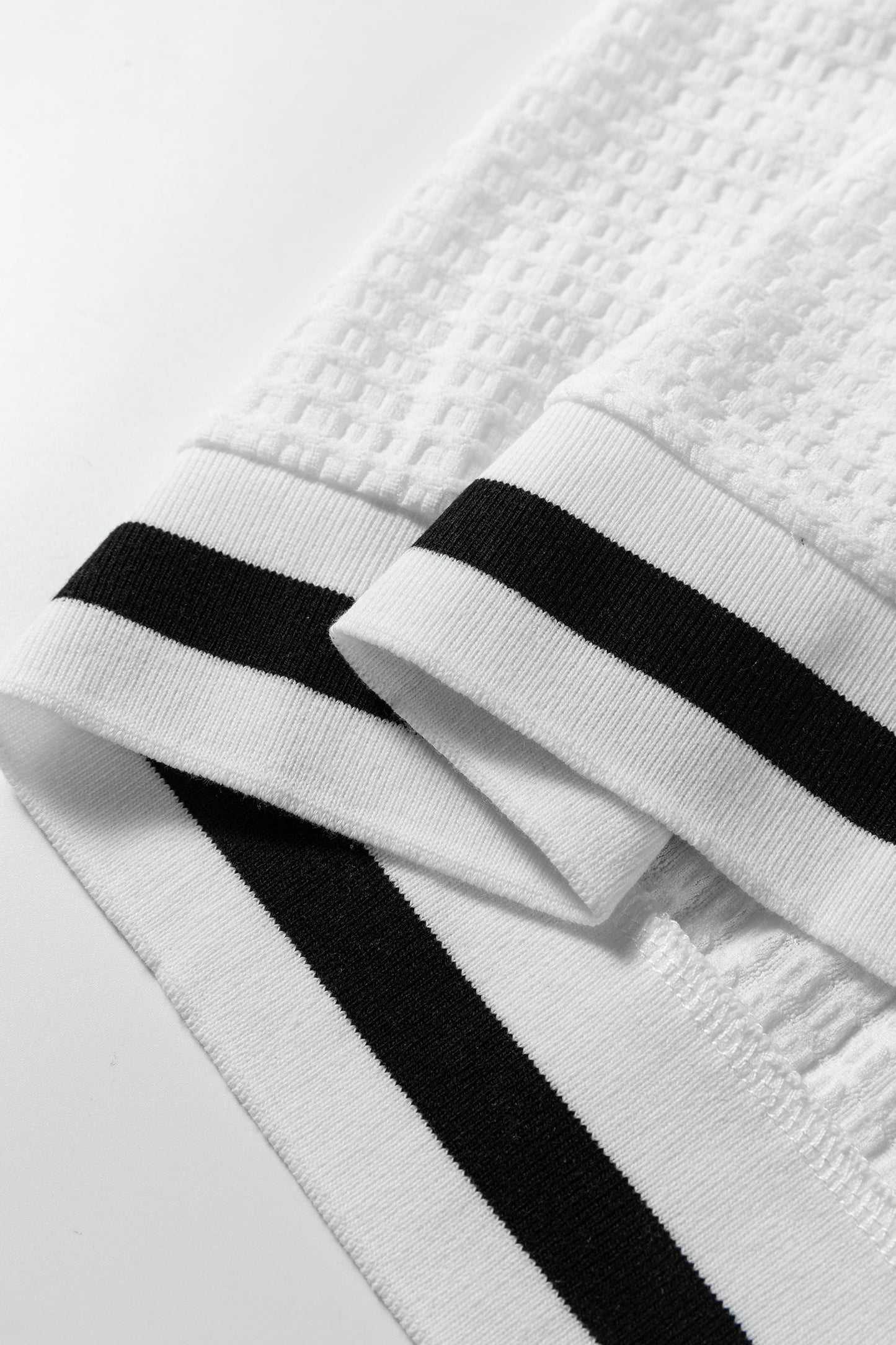 White Textured Knit Preppy Striped Trim V Neck Pullover Waffle Top