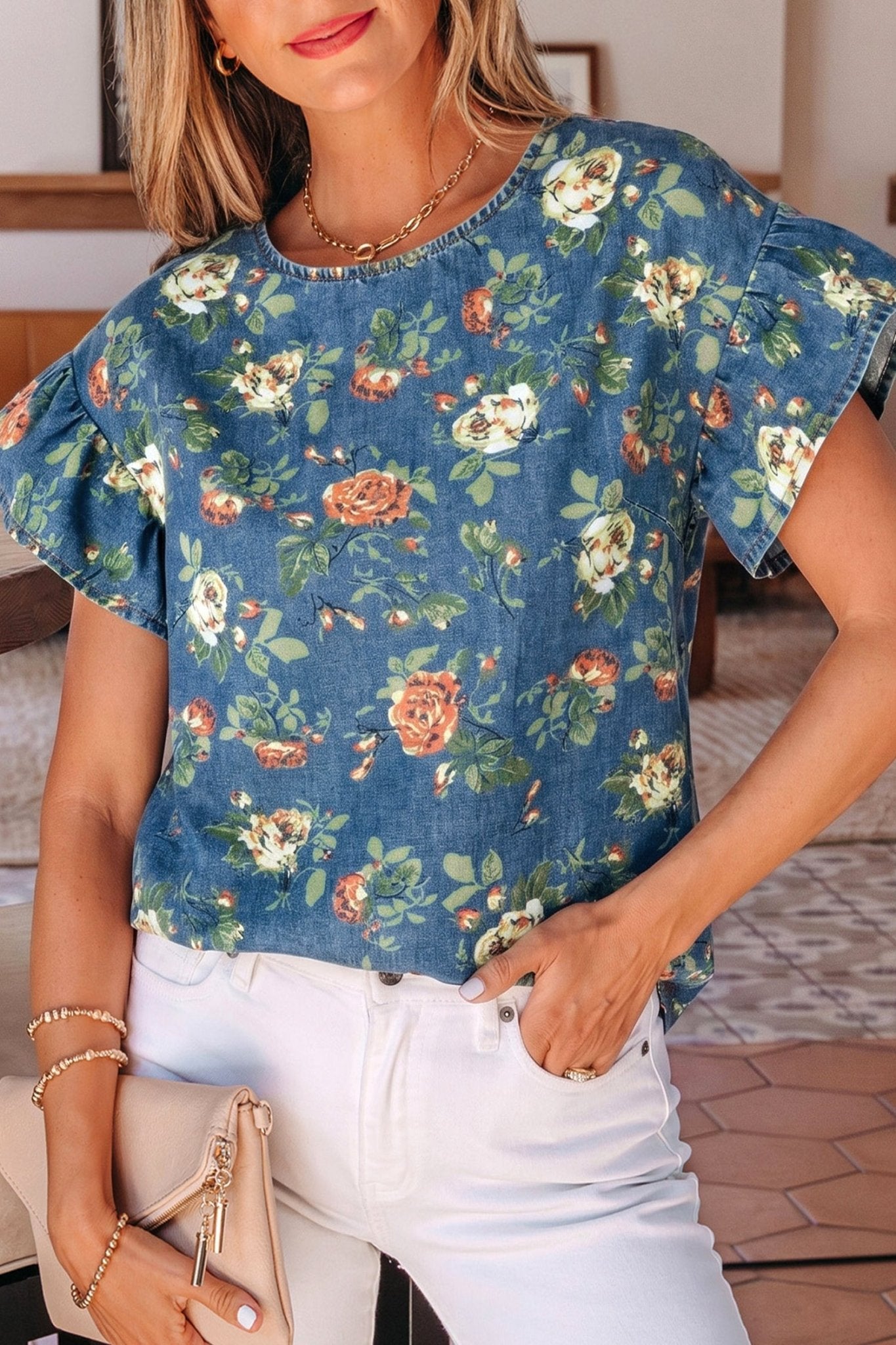 Ashleigh Blue Ruffled Short Sleeve Floral Denim Top - Loving It Shop