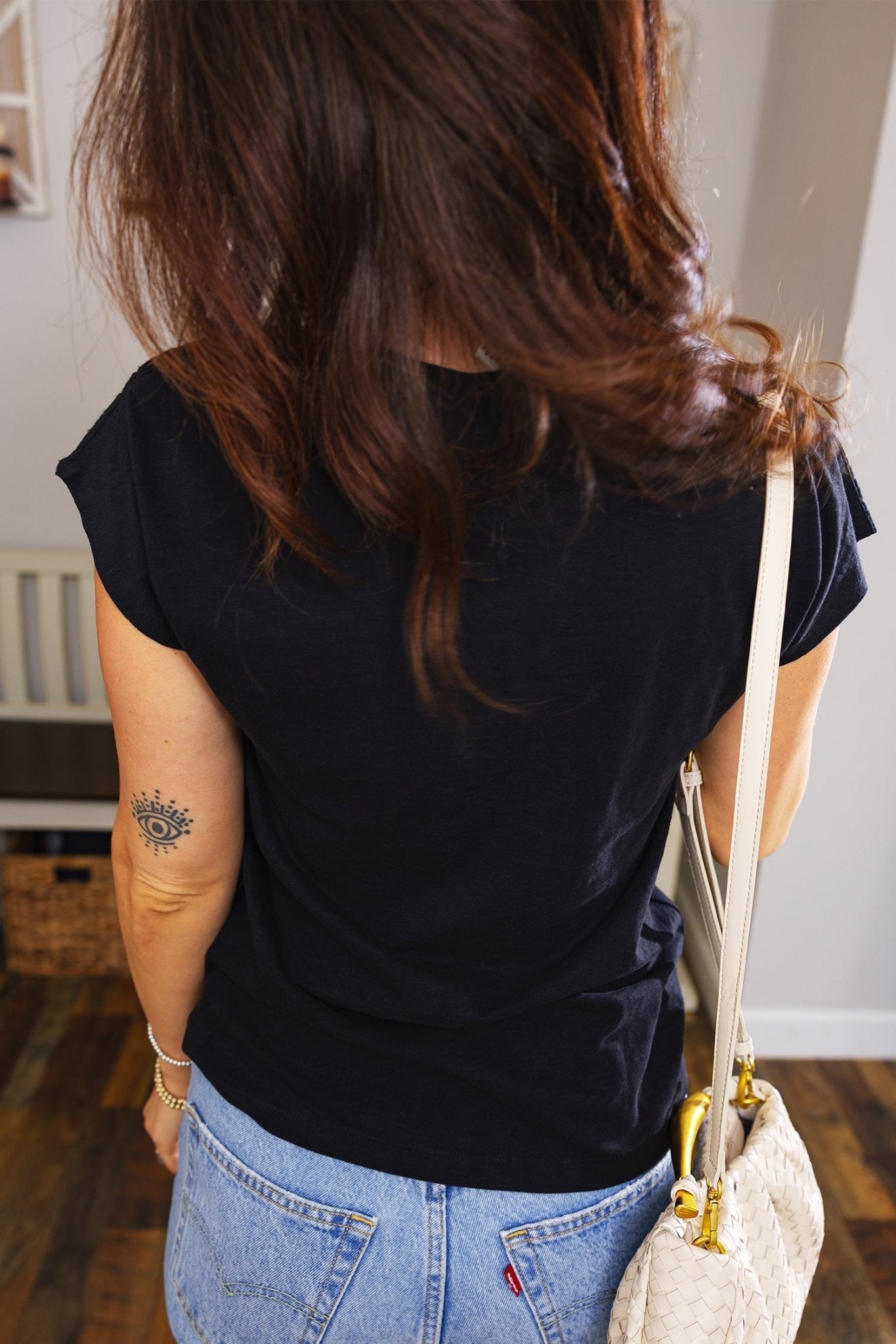 Black Cutout Embroidered Trim V Neck Cap Sleeve Tee - Loving It Shop