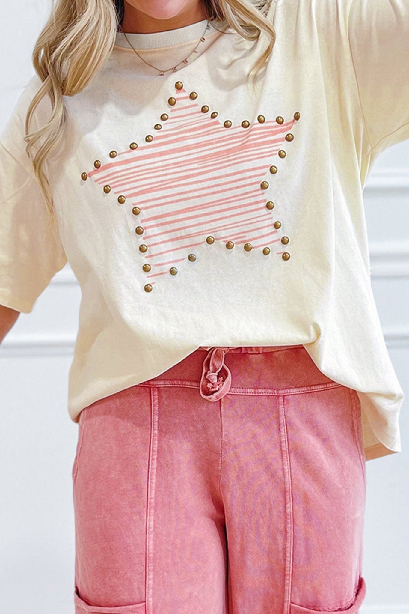 Beige Star Print Stud Detail Cotton Jersey Top - Loving It Shop