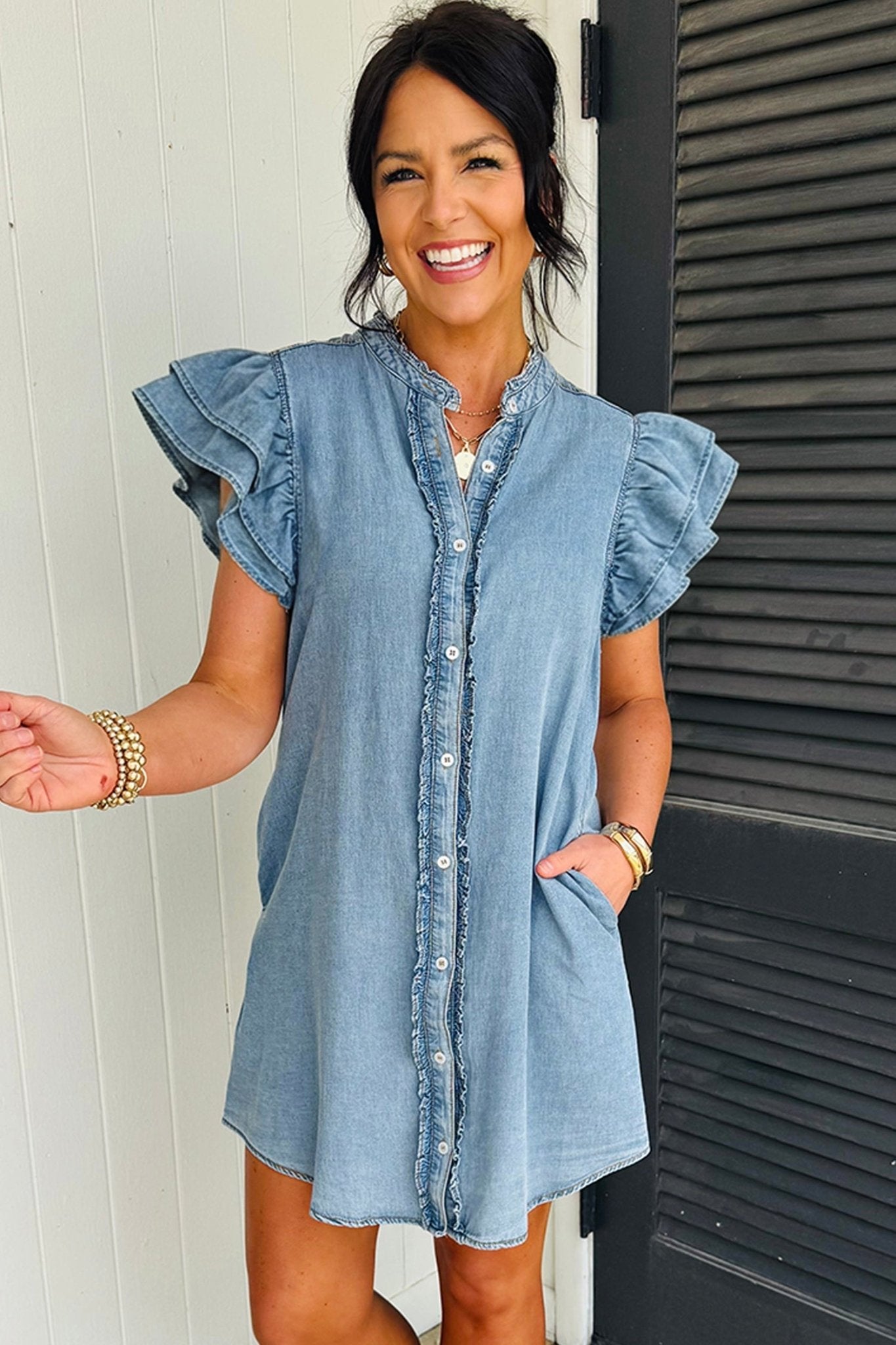 Myosotis Frilled Detail Button Down Ruffle Short Sleeve Denim Mini Dress - Loving It Shop