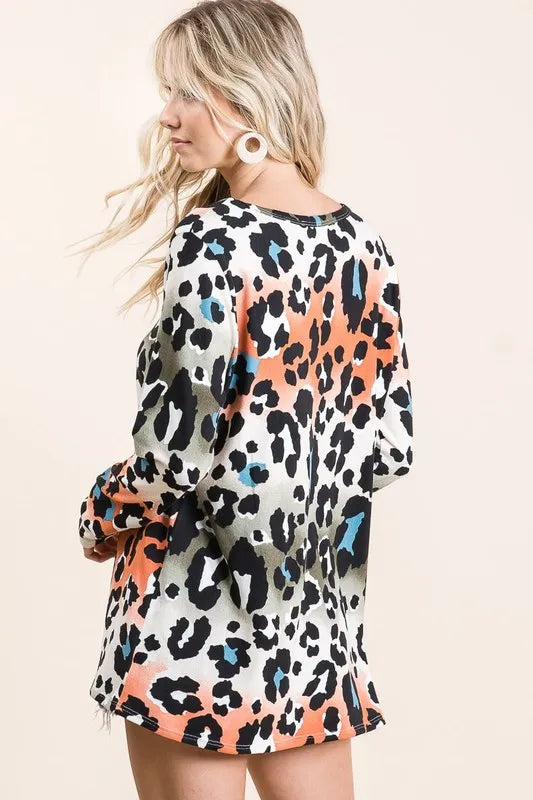 Gradation Leopard Print Soft Knit Deep U Neck Top
