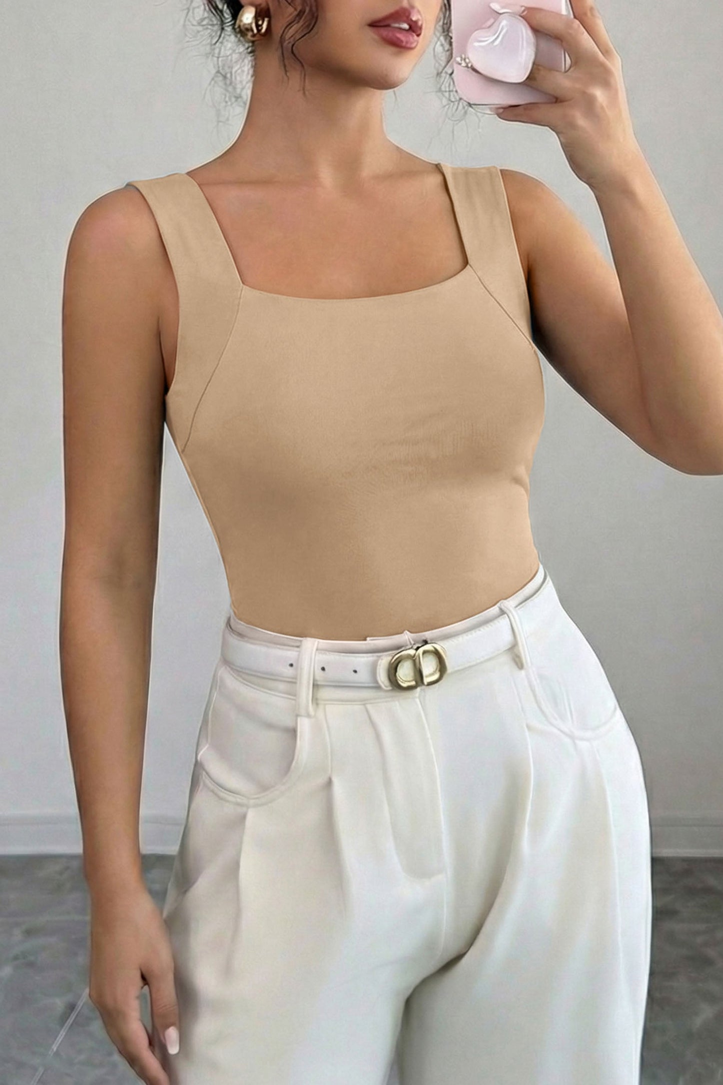 Oatmeal Solid Color Wide Strap Splicing Athleisure Tank Top - Loving It Shop