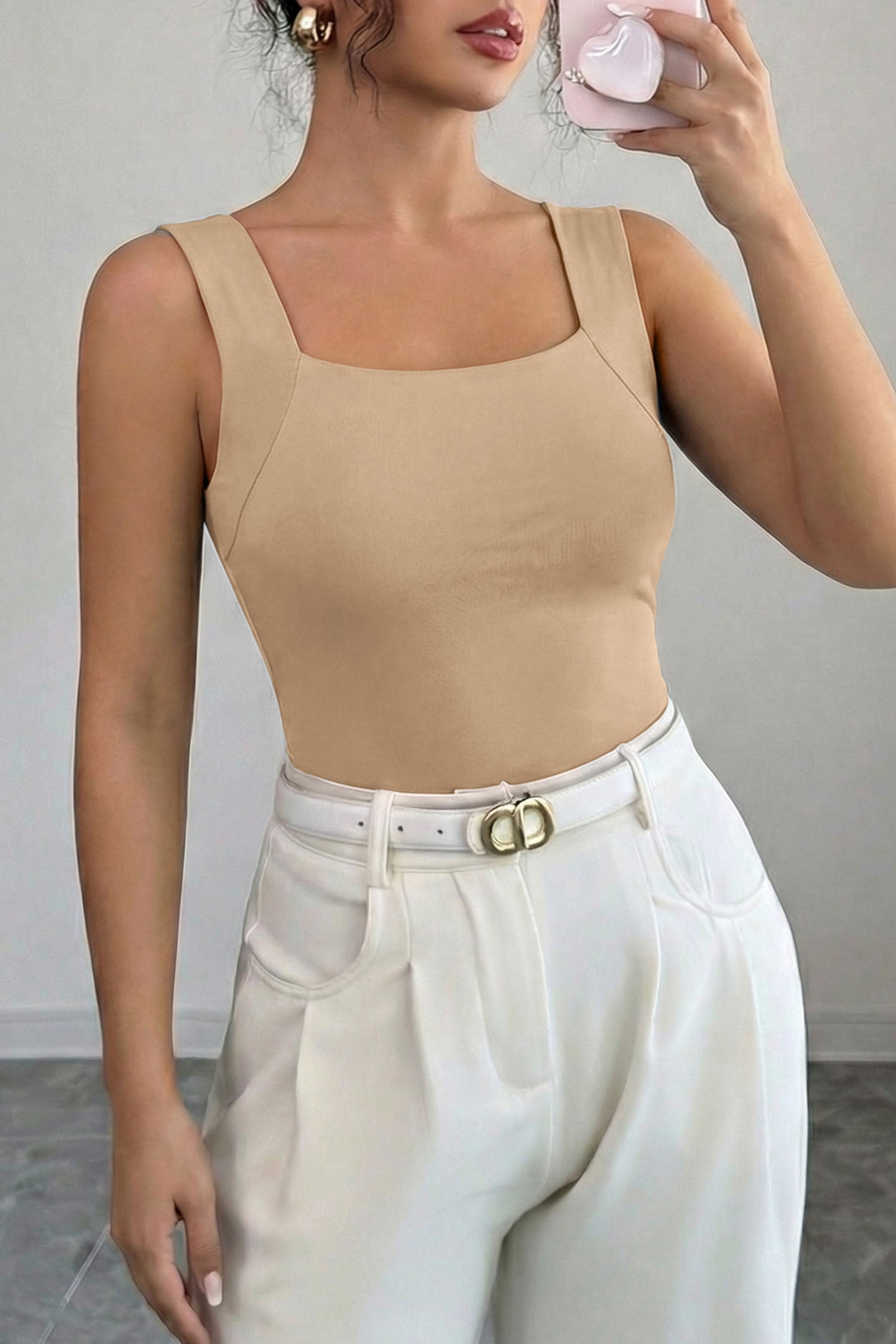 Oatmeal Solid Color Wide Strap Splicing Athleisure Tank Top - Loving It Shop