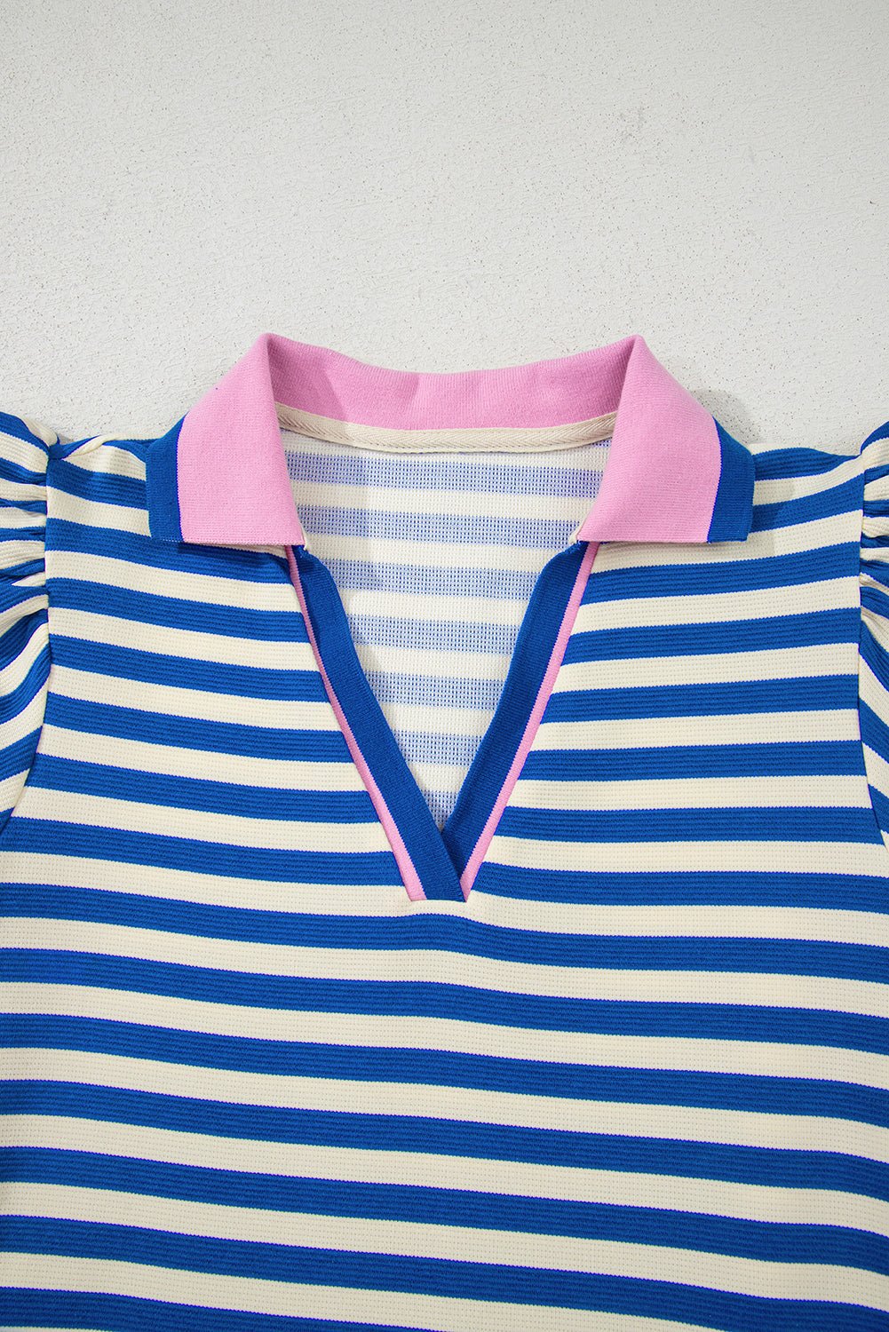 Dark Blue Stripe Print Contrast Collar Split Neck Flutter Sleeve Short Dress - Loving It Shop