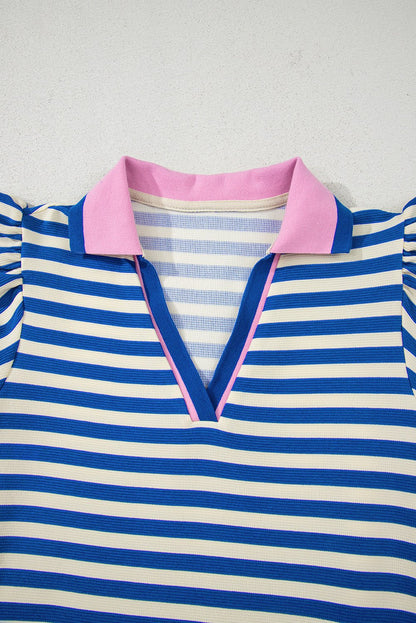 Dark Blue Stripe Print Contrast Collar Split Neck Flutter Sleeve Short Dress - Loving It Shop