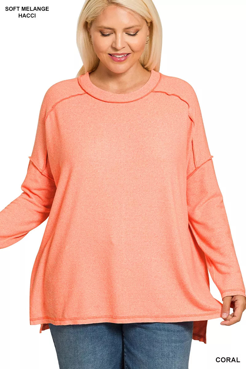 Full Size Melange Hacci Exposed Seam Hi-low Tee Plus Size
