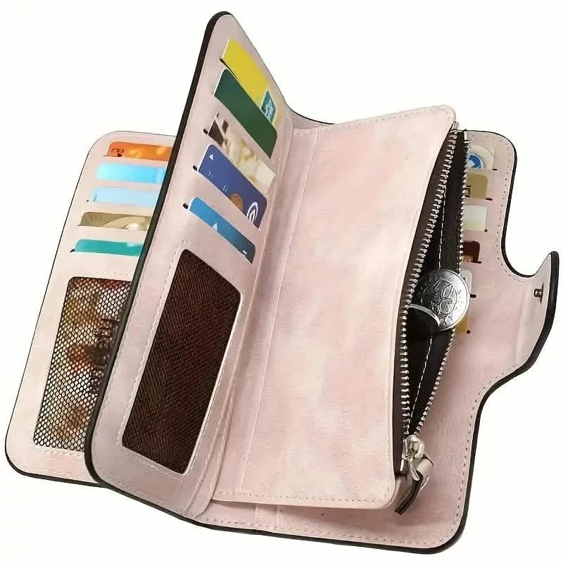 Vintage Faux Leather Long Wallet – Trifold Credit Card Holder with Snap &amp; Zipper
