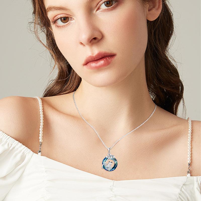 925 Sterling Silver Frog Lotus Leaf Necklace with Circle Crystal Pendant Cute Animal Jewelry Gifts