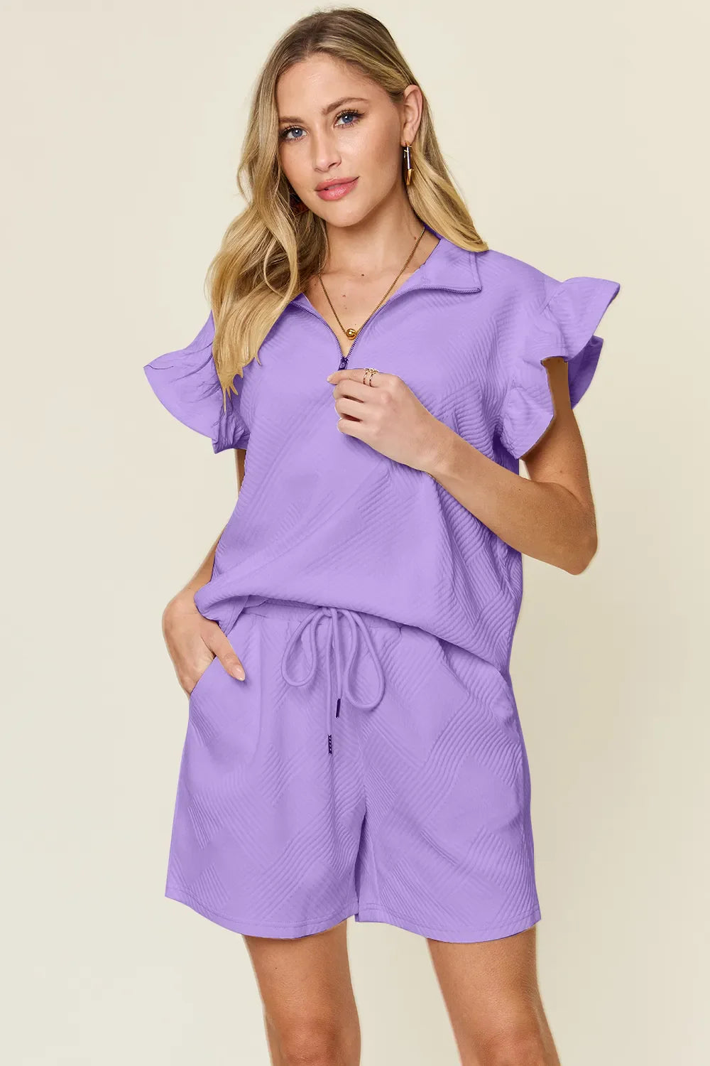 I am a Fashion Junky Full Size Texture Flounce Sleeve Top and Drawstring Shorts Set