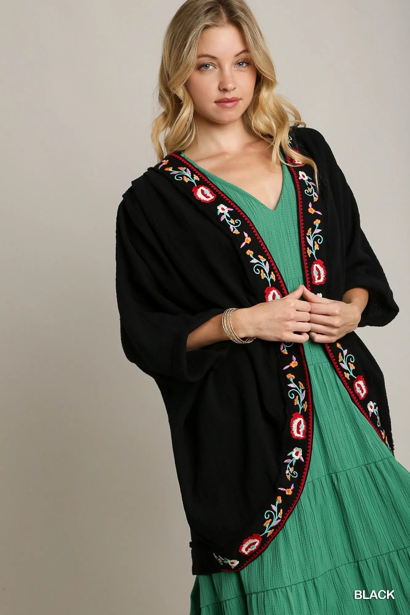 Embroidery Open Front Kimono with Pleated Shoulder Detail