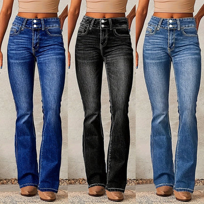 Skinny Flared Jeans With Pockets Fashion Button Zipper Trousers Women&