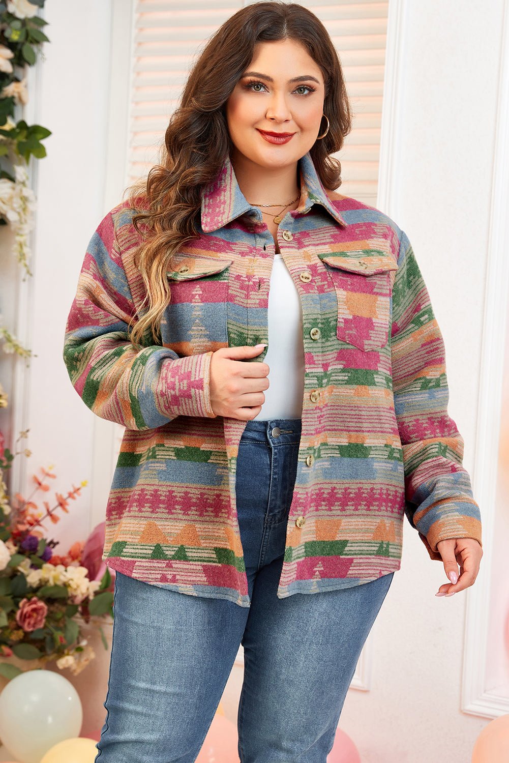 Pink Plus Size Aztec Printed Flap Pocket Shacket - Loving It Shop