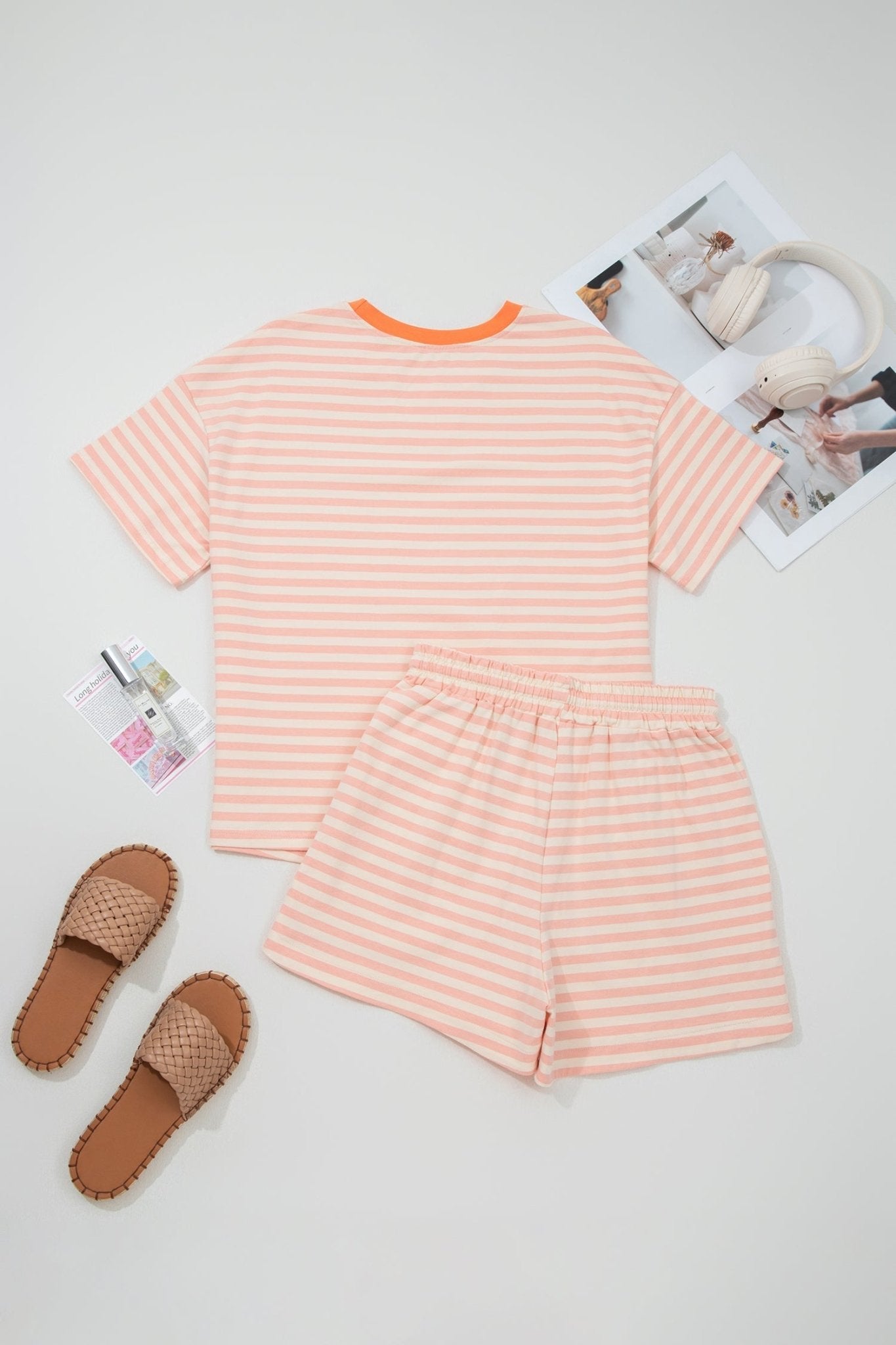 Pink Stripe Contrast Neck Loose Tee and Drawstring Shorts Set - Loving It Shop