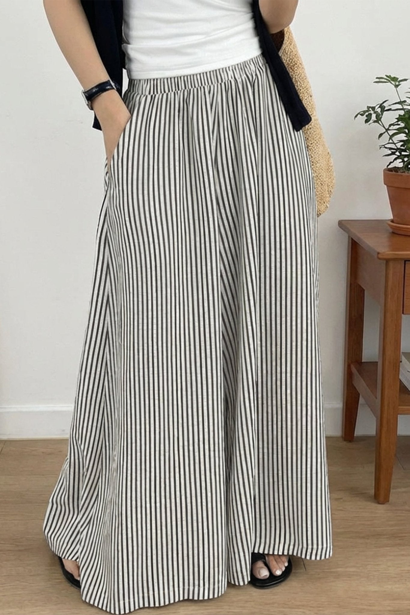 Black Stripe Elastic Waist Ultra Wide Leg Pants - Loving It Shop
