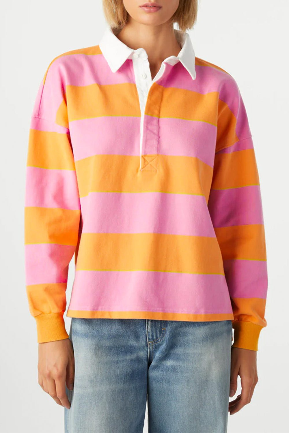 Yellow Stripe Color Block Polo Collar Sweatshirt - Loving It Shop