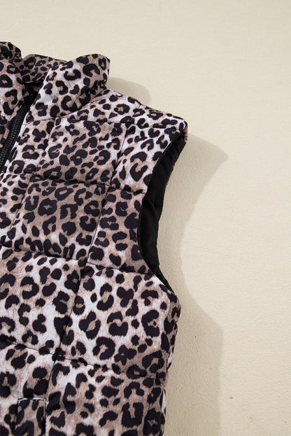 Brown Leopard Quilted Full Zipper Casual Puff Vest
