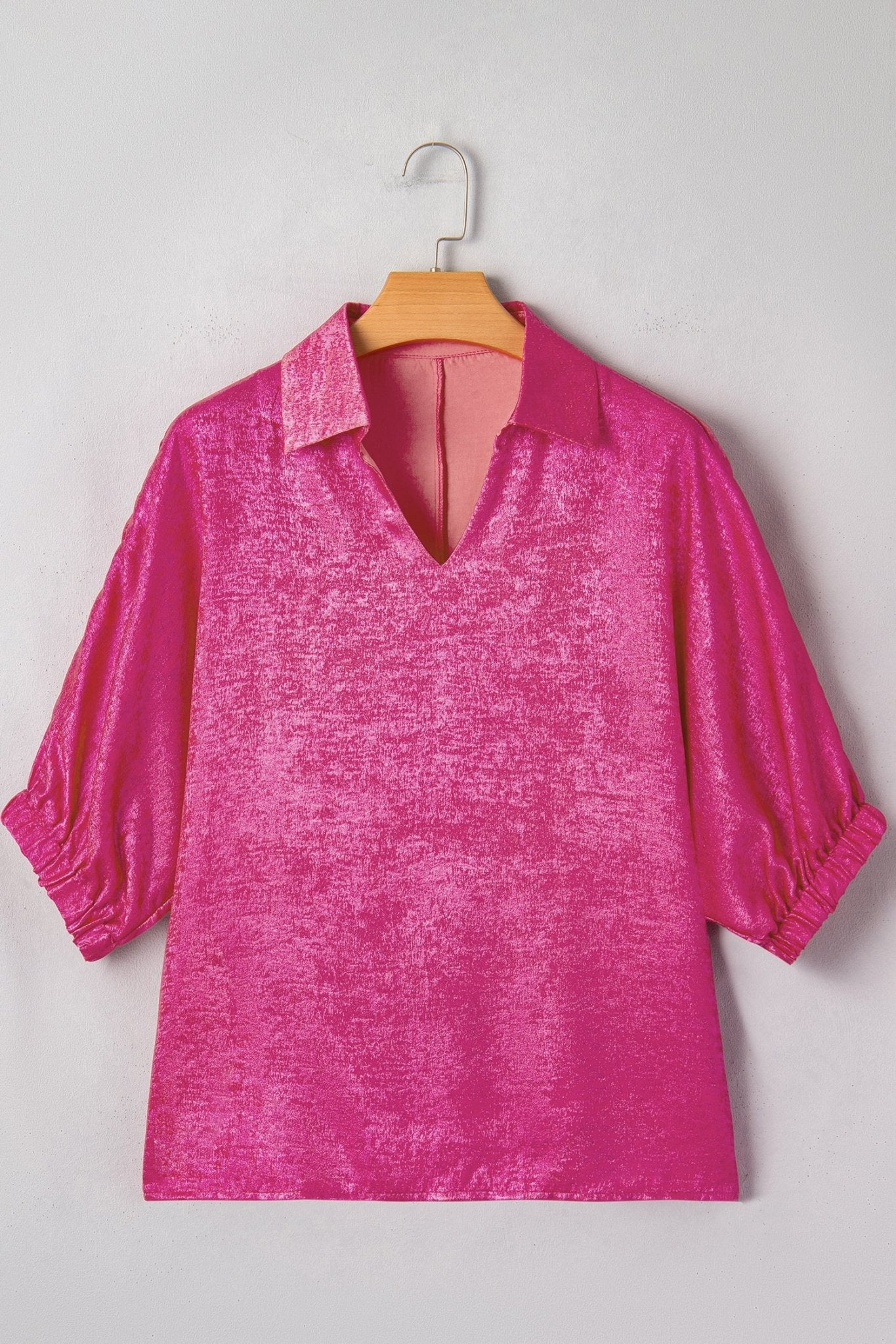 Strawberry Pink Collared V Neck Half Sleeve Metallic Top - Loving It Shop